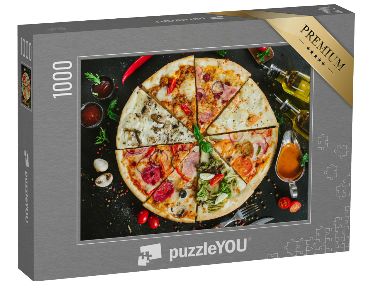 Puzzle 1000 Teile „Verschiedene Pizzastücke einer großen Pizza“