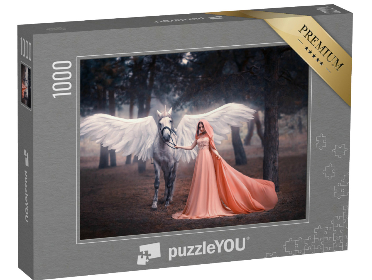 Puzzle 1000 Teile „Künstlerische Fotografie: Junge Elfenfrau  mit ihrem geflügelten Einhorn“