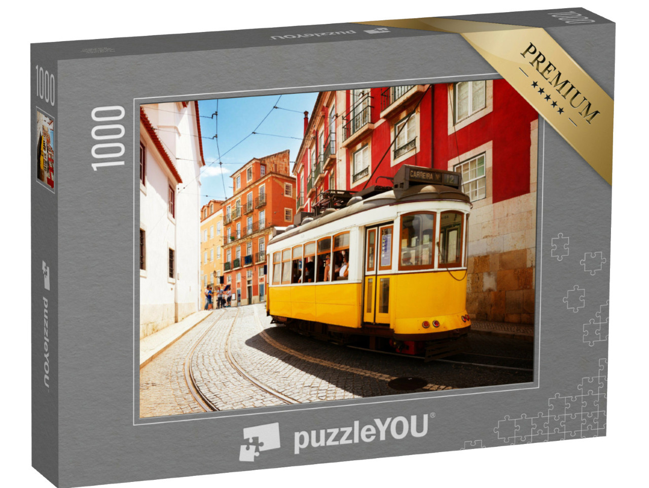 Puzzle 1000 Teile „Gelbe Straßenbahn im historischen Alfama-Viertel, Lissabon“