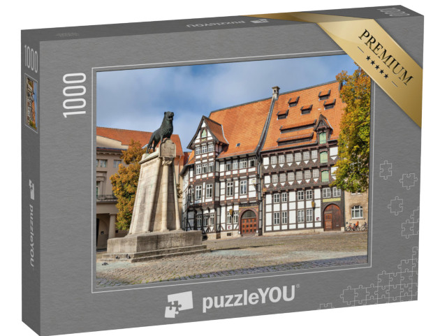 Puzzle 1000 Teile „Löwenstatue und Fachwerkhaus auf dem Burgplatz in Braunschweig“