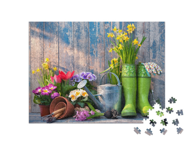 Puzzle 500 Teile „Gartengeräte und Blumen auf der Terrasse“