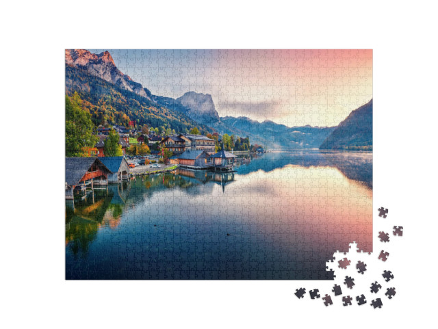 Puzzle 1000 Teile „Schöner Sonnenaufgang am Grundlsee, Bezirk Liezen, Österreich“