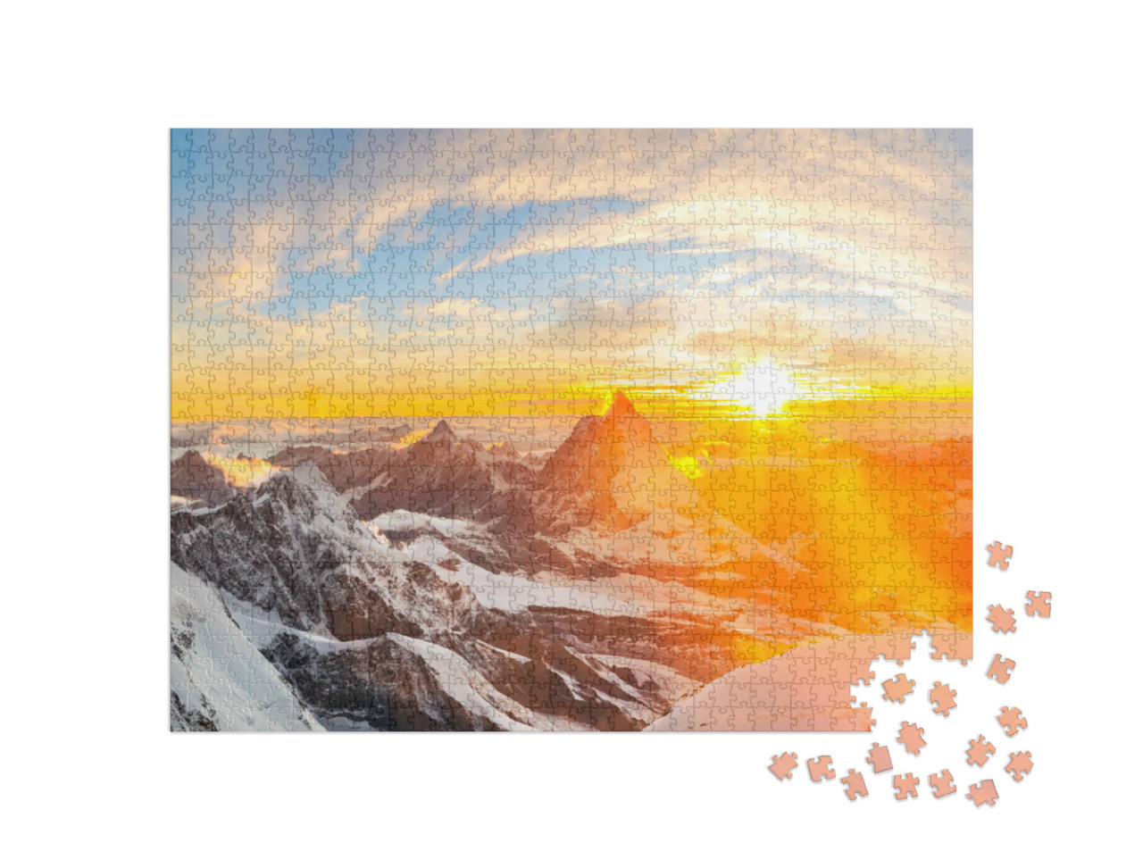 Puzzle 1000 Teile „Sonnenuntergang über Schweizer Gipfeln und dem Matterhorn“