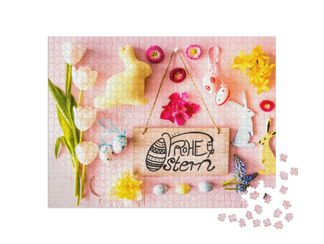 Puzzle 1000 Teile „Bunte Osterdekoration in Rosa mit Hase“