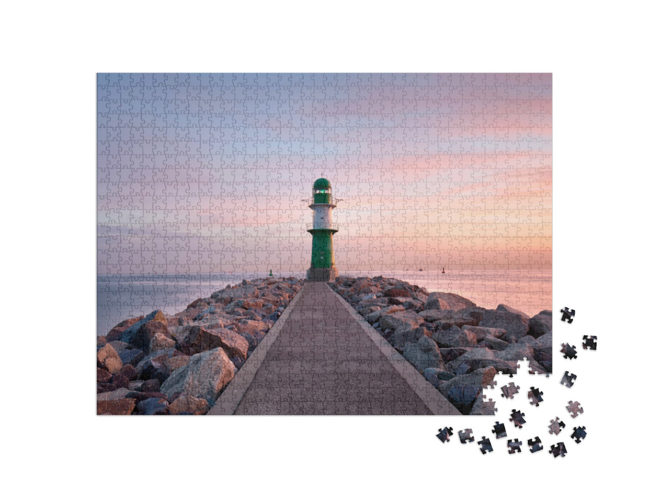 Puzzle 1000 Teile „Leuchtturm von Warnemünde bei Sonnenuntergang, Ostsee“