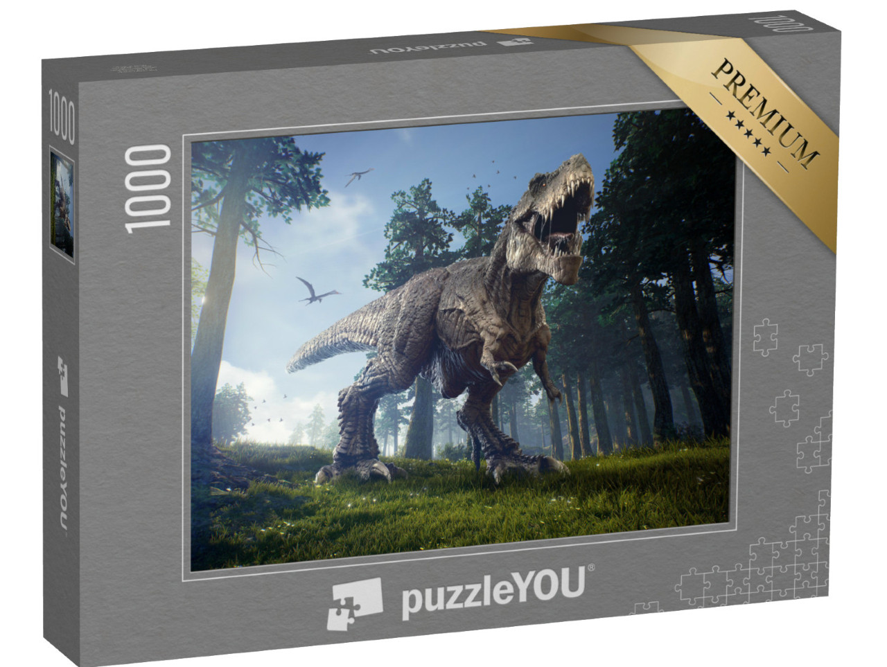 Puzzle 1000 Teile „Jagdgründe eines Tyrannosaurus Rex mit zwei Quetzalcoatlus“