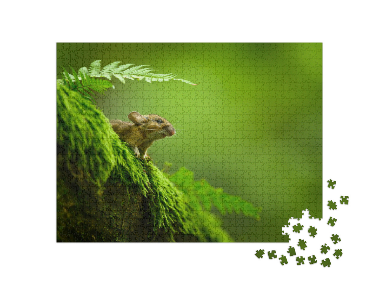 Puzzle 1000 Teile „Neugierige Hausmaus auf einem moosigen Baumstamm“
