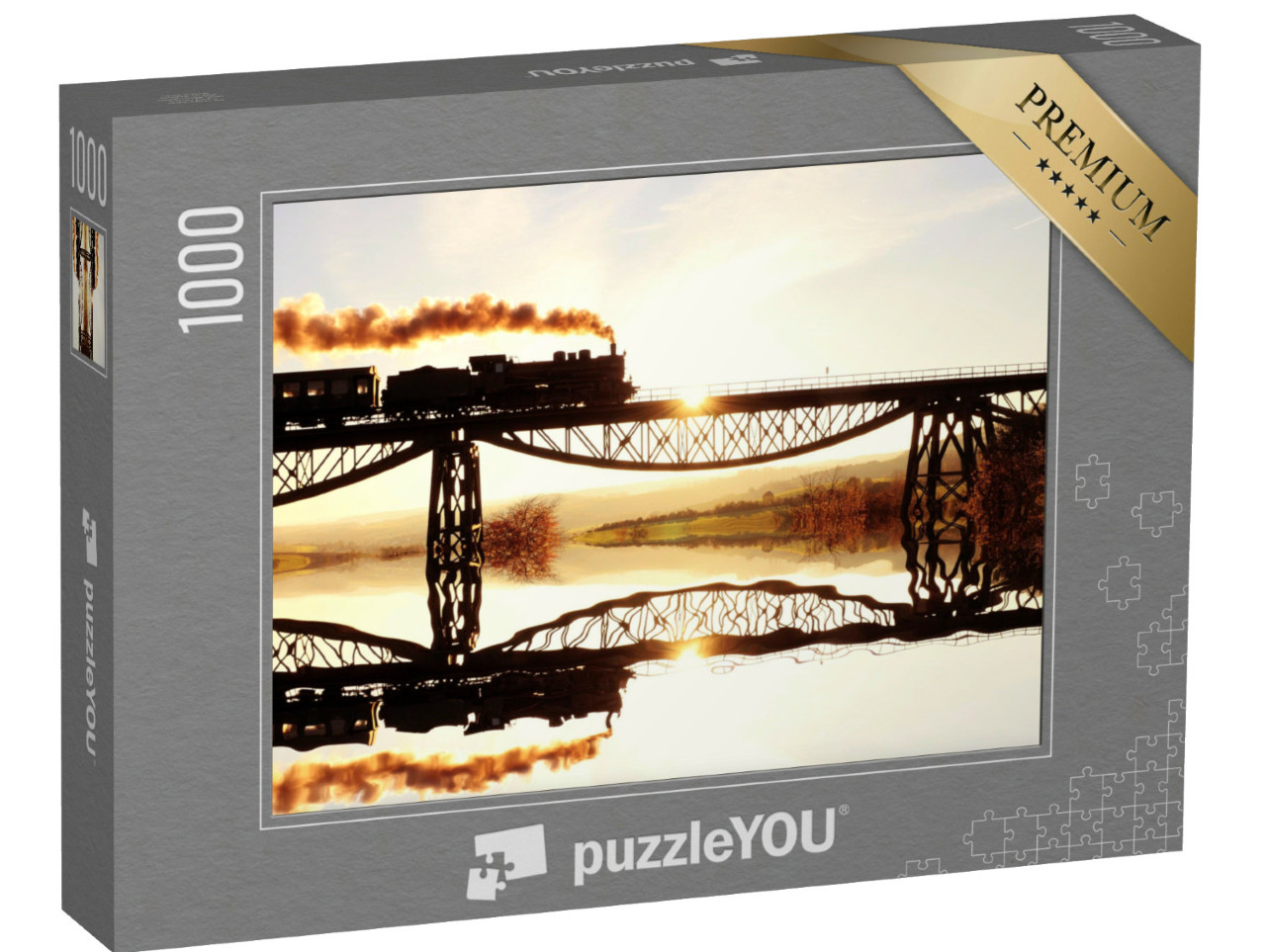 Puzzle 1000 Teile „Historische Dampflokomotive auf ihrer Fahrt über den Fluss“