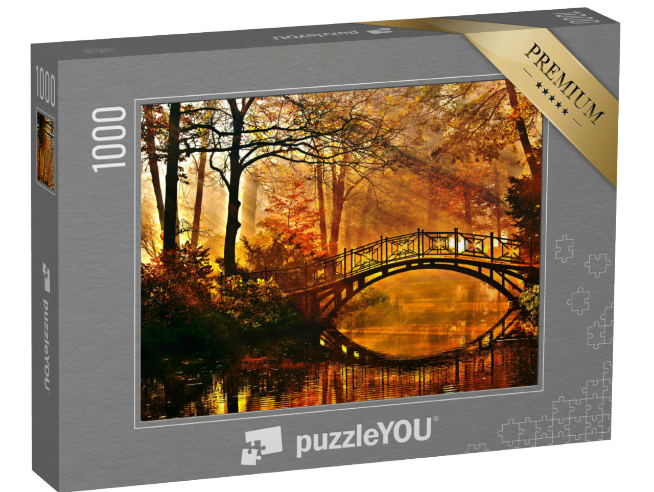 Puzzle 1000 Teile „Alte Brücke im herbstlich nebligen Park“