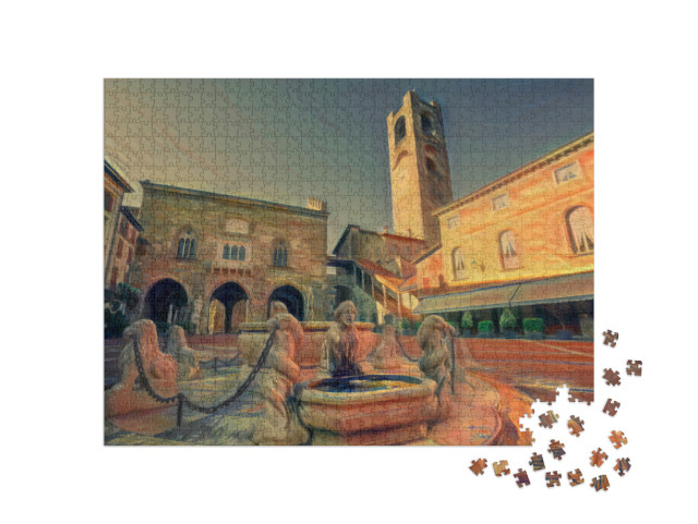 Puzzle 1000 Teile „im Stil von Edvard Munch, Der Schrei - Piazza Vecchia in der Altstadt von Bergamo“