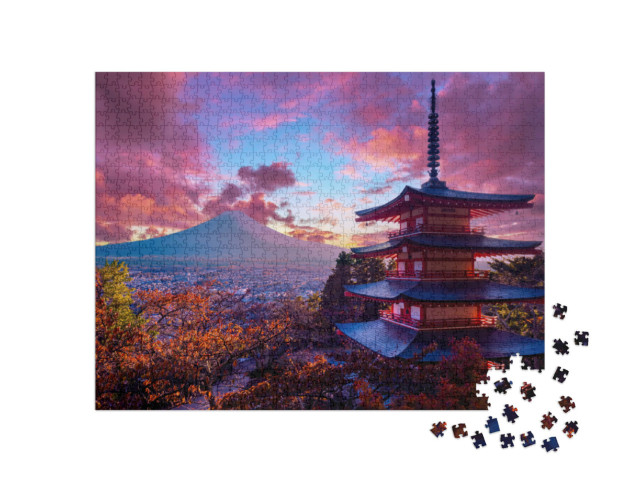 Puzzle 1000 Teile „Wunderschöner Sonnenuntergang, Chureito Pagode und Berg Fuji, Japan“