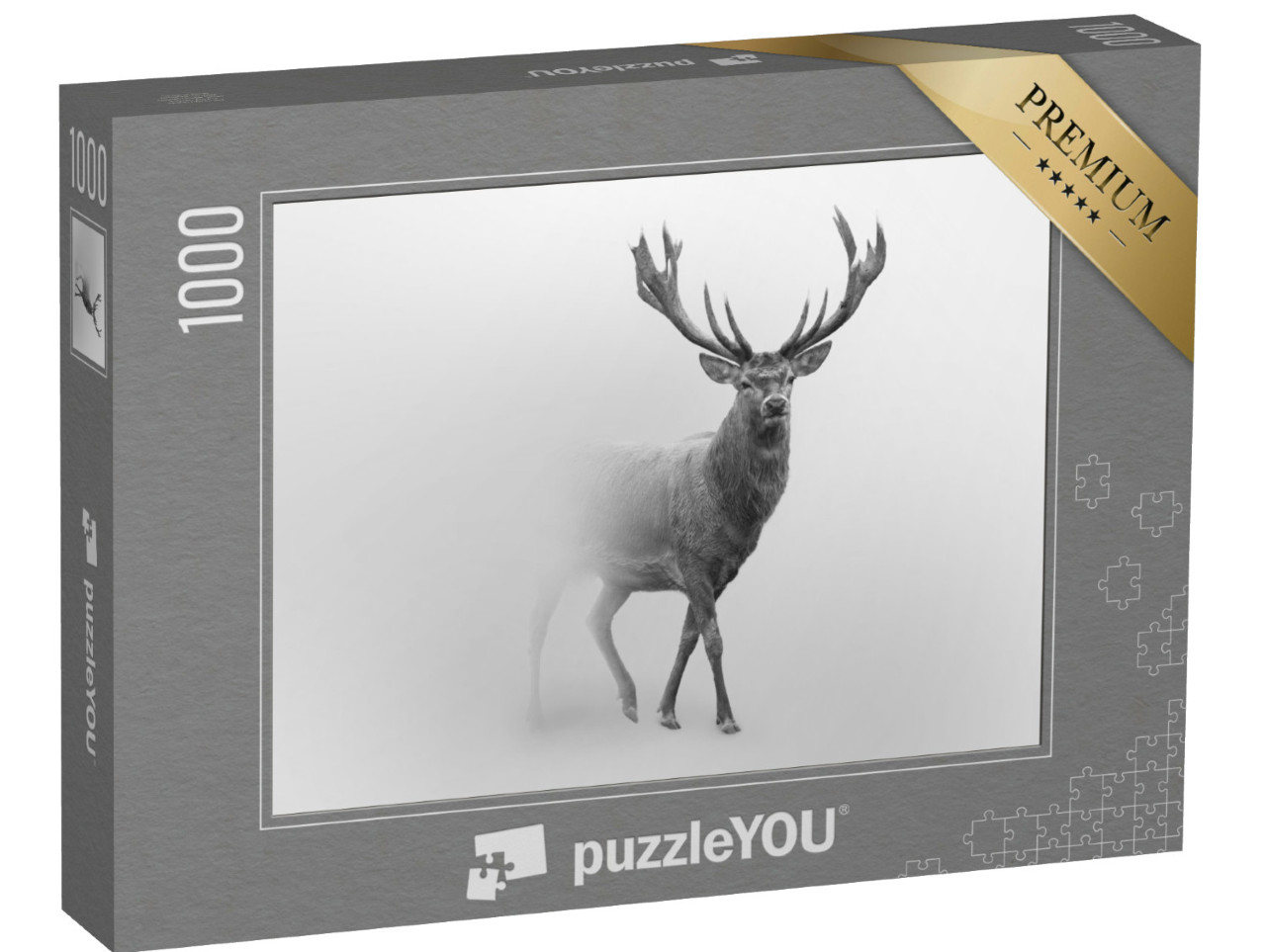 Puzzle 1000 Teile „Majestätischer Rothirsch im Nebel, schwarz-weiß“