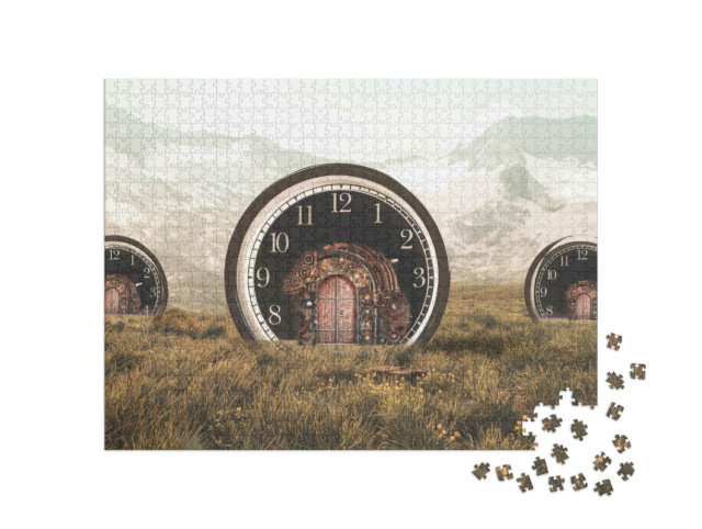 Puzzle 1000 Teile „Drei Uhren als Häuser mit Türen im Steampunk-Stil vor einem Gebirge“