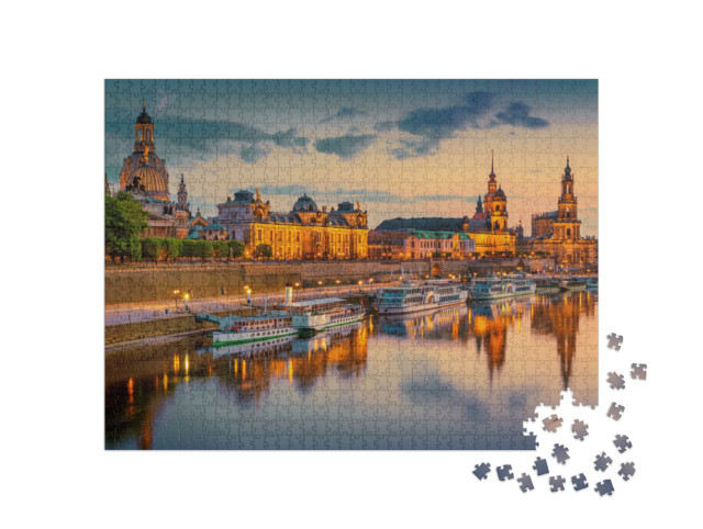Puzzle 1000 Teile „Dresden an der Elbe: Stadtbild mit Augustbrücke, Sachsen, Deutschland“
