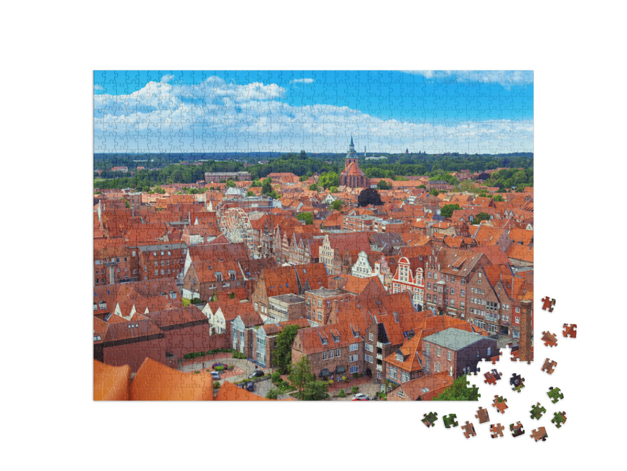Puzzle 1000 Teile „Über den Dächern von Lüneburg: Stadtansicht von oben, Niedersachsen“