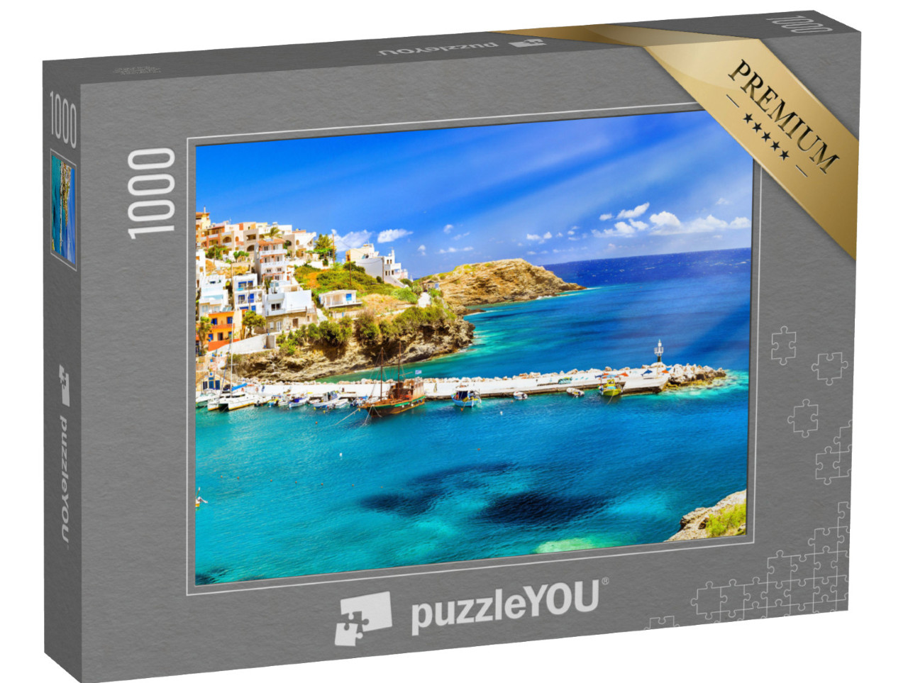 Puzzle 1000 Teile „Hafen mit Marineschiffen, Booten und Leuchtturm, Rethymno, Kreta“
