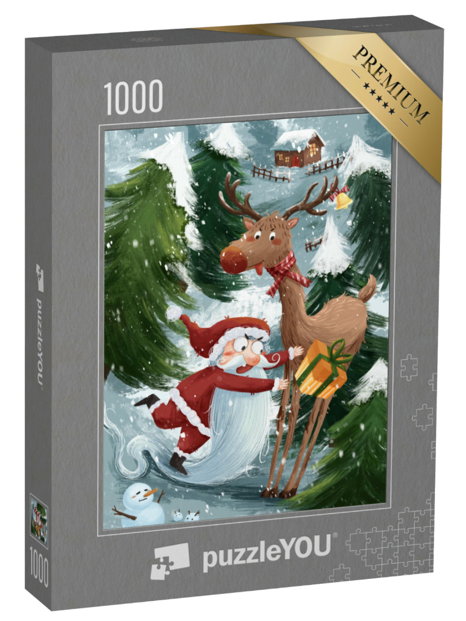Puzzle 1000 Teile „Lustige Weihnachts-Illustration mit Weihnachtsmann, Rentier und Schneemann“