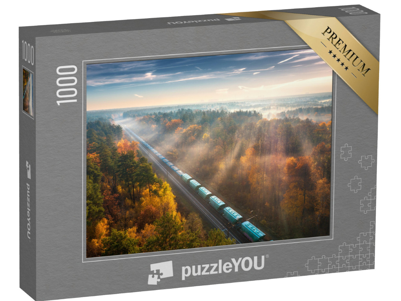 Puzzle 1000 Teile „Ein Güterzug im  Wald bei Sonnenaufgang, Herbst“