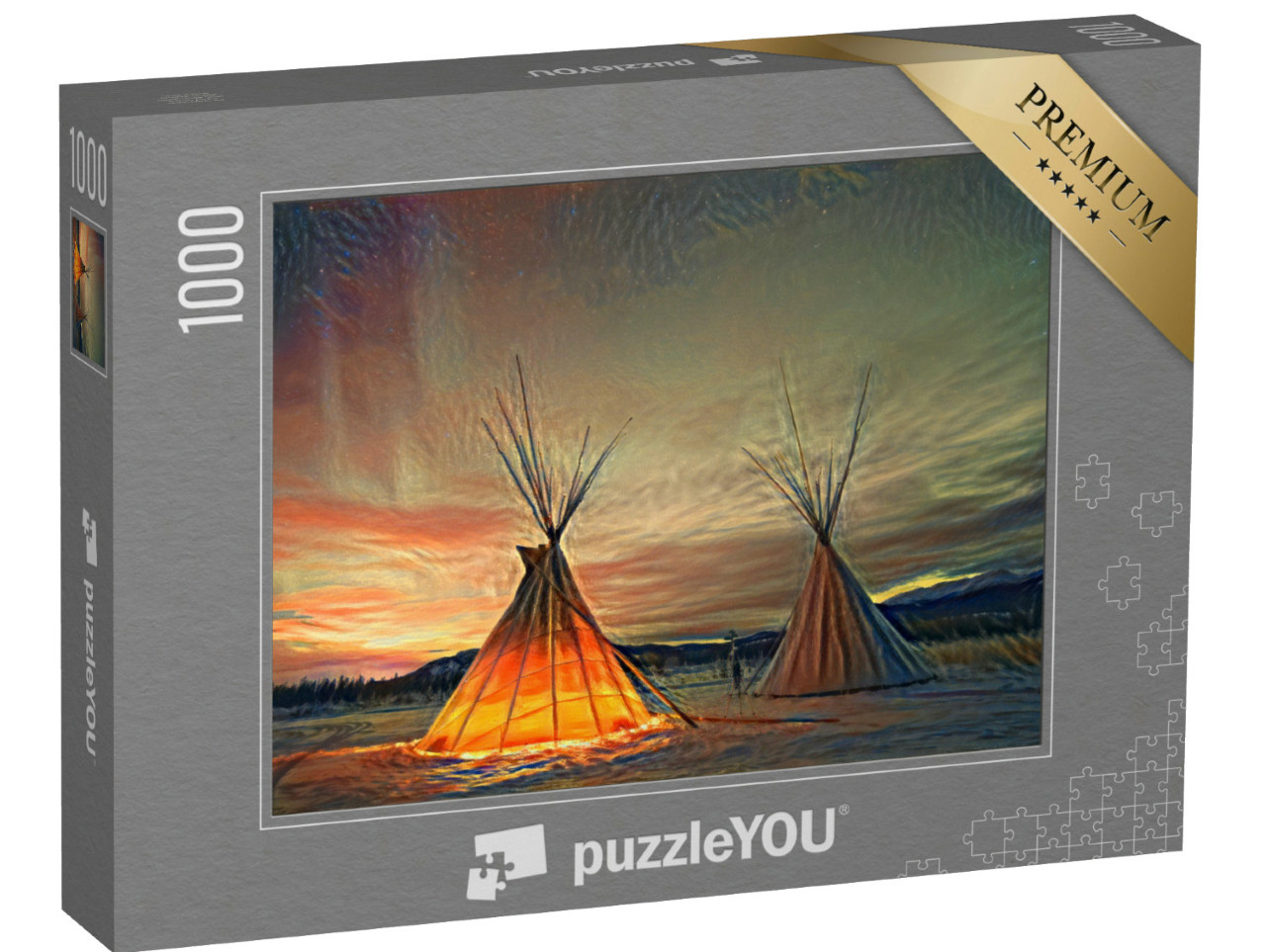 Puzzle 1000 Teile „im Stil von Edvard Munch, Der Schrei - Tipies unter dem Nordlicht in Yukon, Kanada“