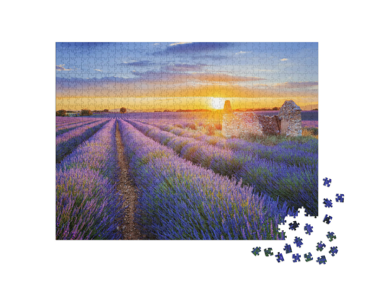 Puzzle 1000 Teile „Violetter Traum: Sonnenuntergang über Lavendelfeld in Valensole, Provence“