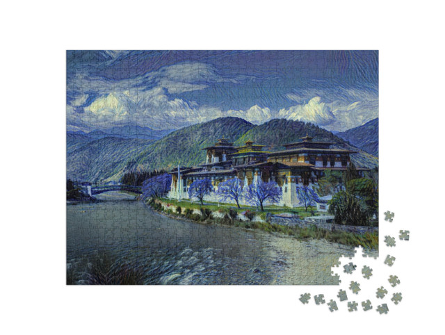 Puzzle 1000 Teile „im Kunst-Stil von van Gogh, Sternennacht - Punakha Dzong in Punakha, Bhutan“