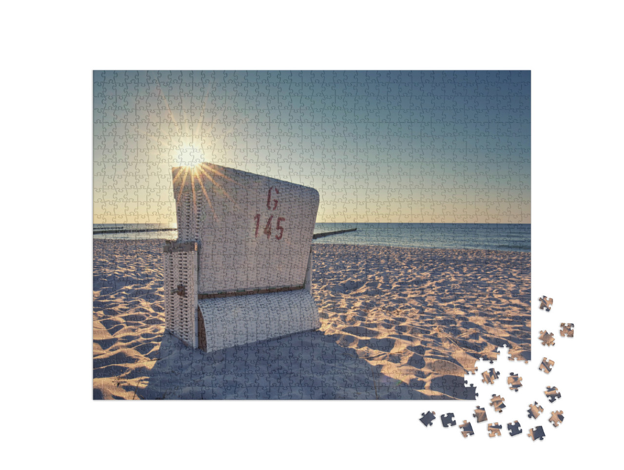 Puzzle 1000 Teile „Sonnenuntergang mit weißem Strandkorb an der Ostsee“