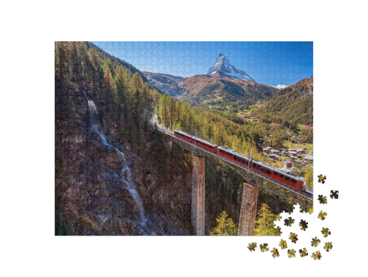 Puzzle 1000 Teile „Wasserfall am Matterhorn: Schweizer Alpen im Wallis“