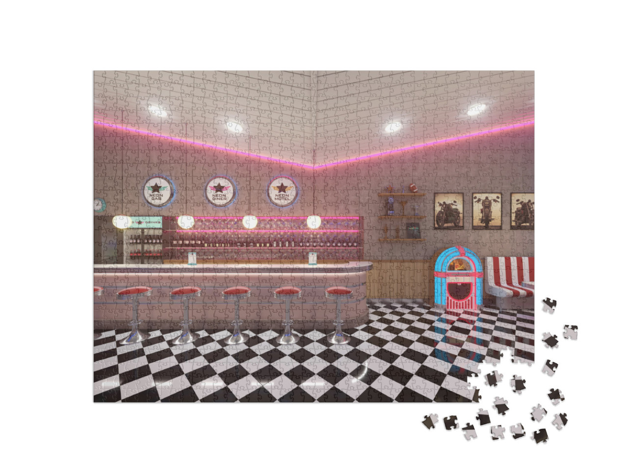Puzzle 1000 Teile „Retro-Interieur mit Fliesenboden und Jukebox“