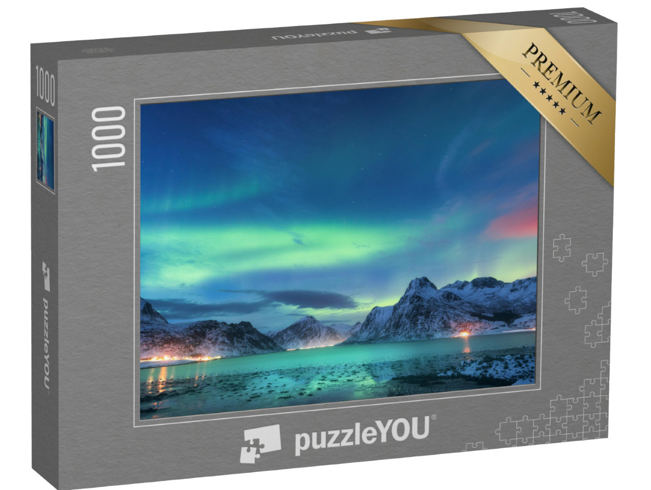 Puzzle 1000 Teile „Polarlicht über der Meeresküste und schneebedeckten Bergen“