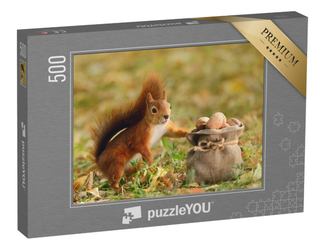 Puzzle 500 Teile „Porträt eines roten Eichhörnchens, das eine Tüte mit Nüssen hält“