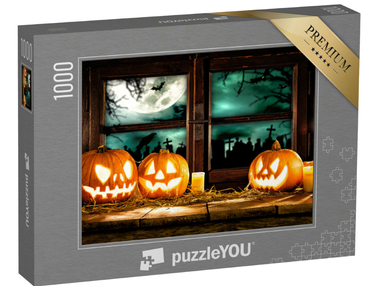 Puzzle 1000 Teile „Gruselige Halloween-Kürbisse am dunklen Fenster“