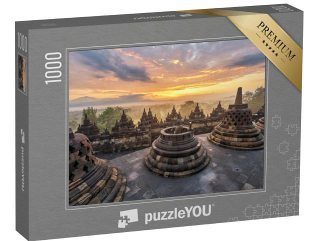Puzzle 1000 Teile „Sonnenaufgang am Tempel Borobudur, Indonesien“
