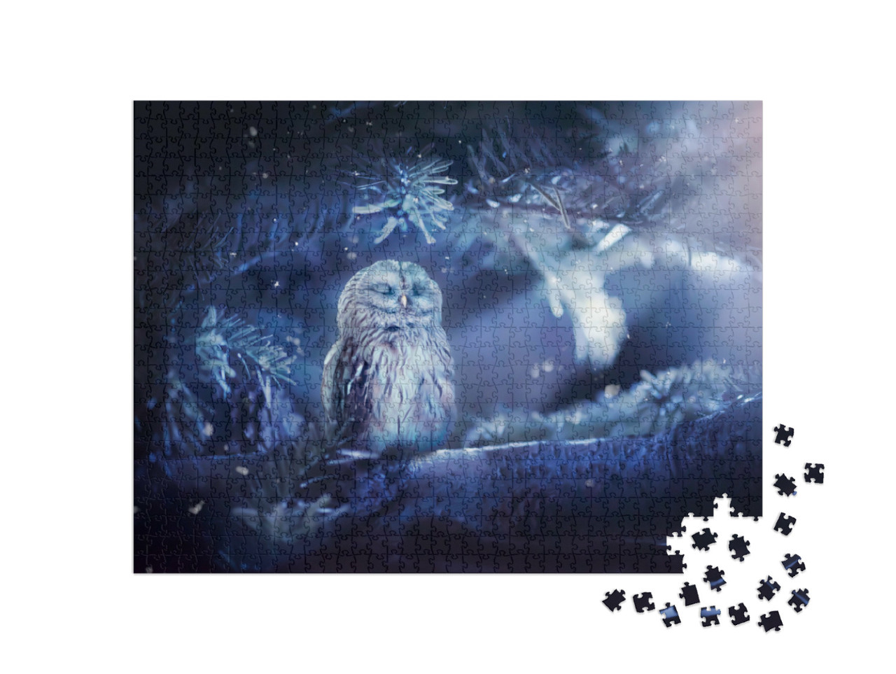 Puzzle 1000 Teile „Schlafende Eule im Schneegestöber“