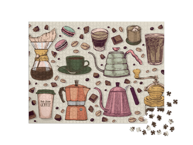Puzzle 1000 Teile „Vektor-Grafik im Vintagestil: Kaffeekannen und mehr“
