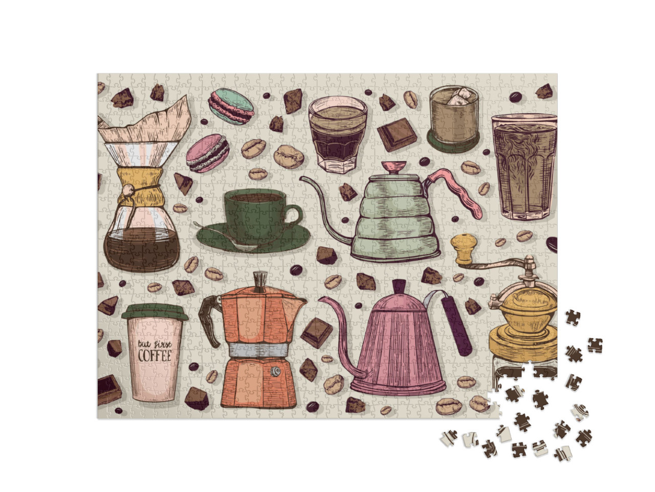 Puzzle 1000 Teile „Vektor-Grafik im Vintagestil: Kaffeekannen und mehr“