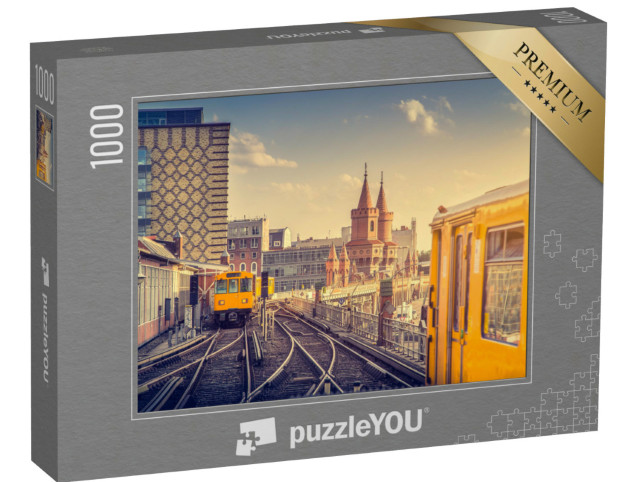 Puzzle 1000 Teile „Berliner U-Bahn mit Oberbaumbrücke bei Sonnenuntergang, Deutschland“