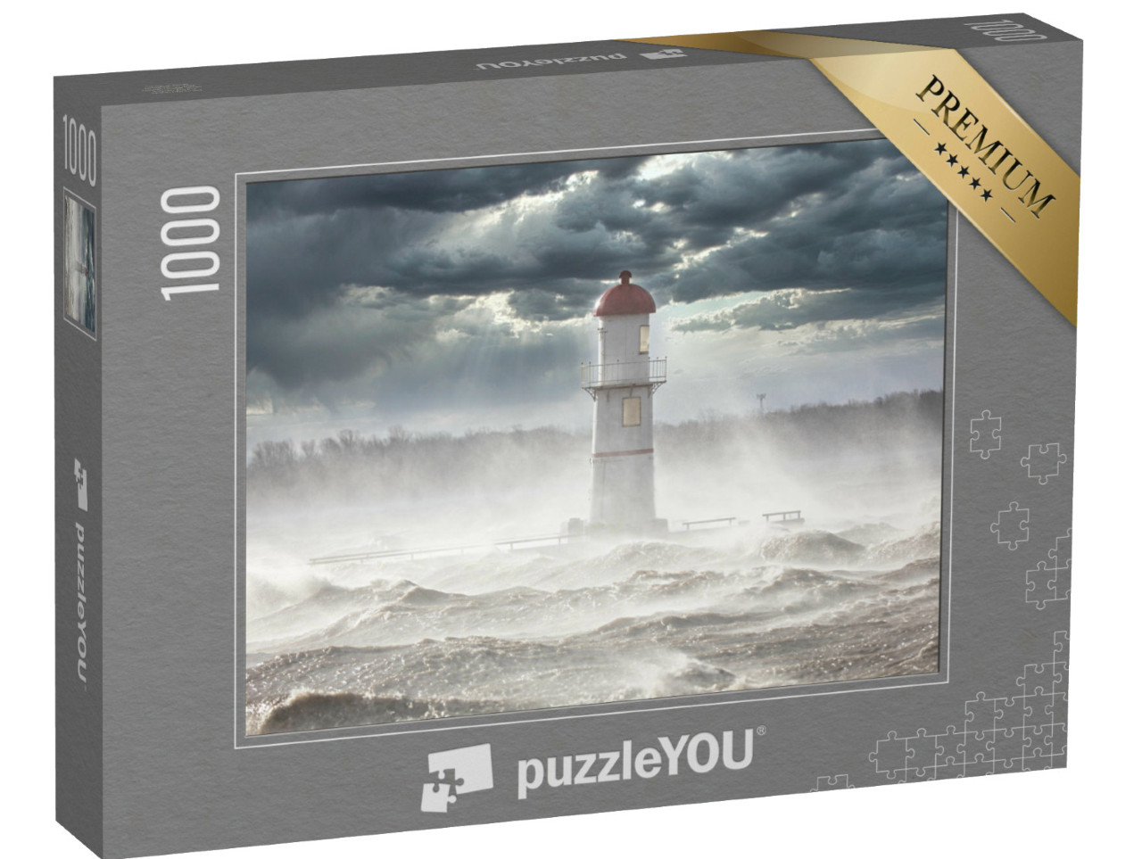 Puzzle 1000 Teile „Leuchtturm unter dunklen Wolken “