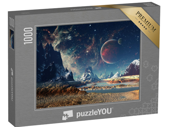 Puzzle 1000 Teile „Außerirdischer Planet mit Mond und Bergen“