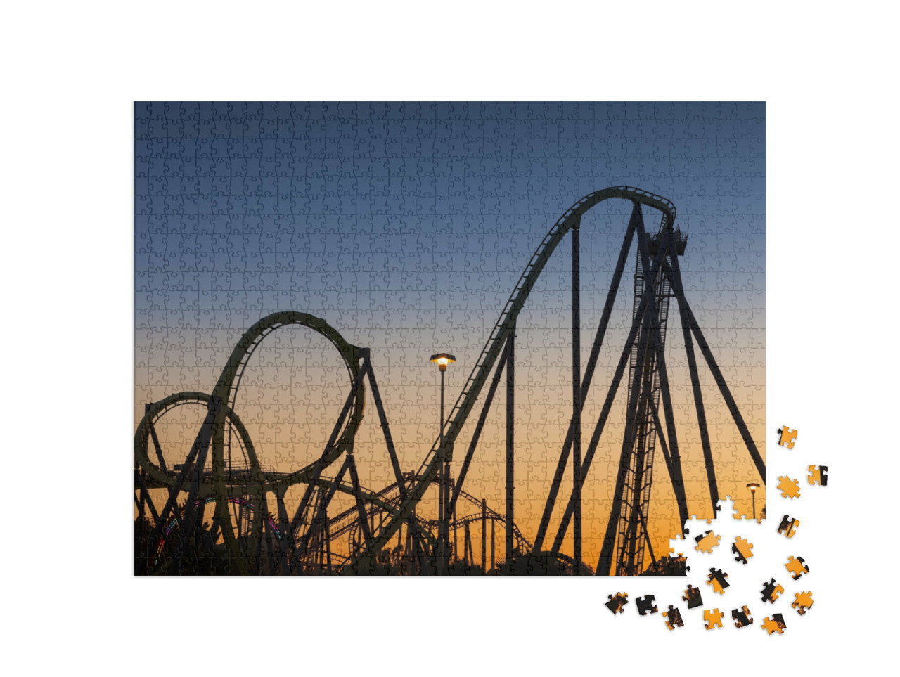 Puzzle 1000 Teile „Achterbahn-Silhouette bei Sonnenuntergang“
