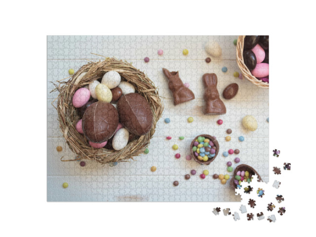Puzzle 1000 Teile „Osterschokoladeneier im Nest mit Schokoladenhasen“
