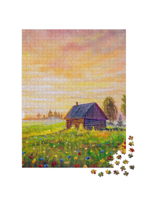 Puzzle 1000 Teile „Ölgemälde: Hütte auf einer abendlichen Sommerwiese“