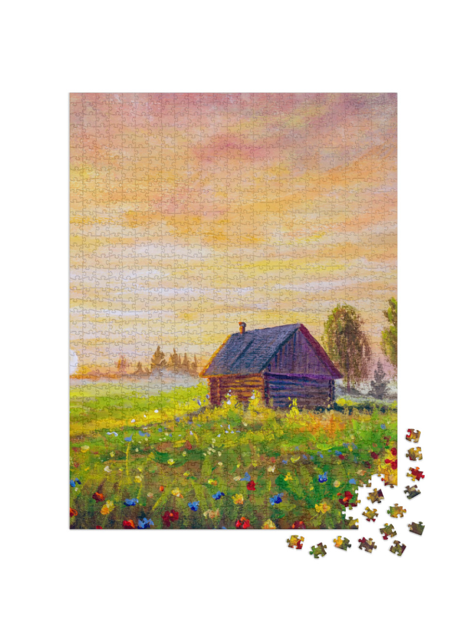 Puzzle 1000 Teile „Ölgemälde: Hütte auf einer abendlichen Sommerwiese“