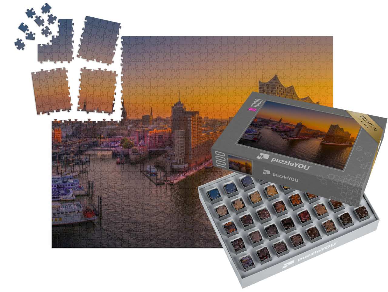 Puzzle „Sonnenaufgang über Hamburg mit der Elbphilharmonie“ | SMART SORTED® 1000 Teile