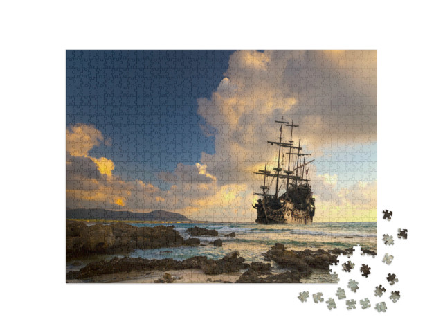 Puzzle 1000 Teile „Piratenschiff auf dem offenen Meer im Sonnenuntergang“