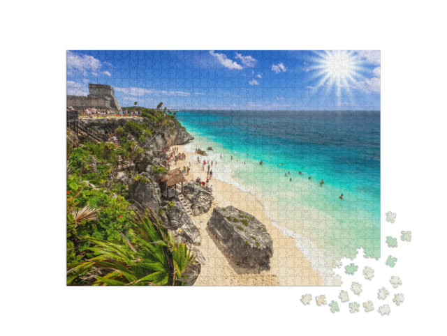 Puzzle 1000 Teile „Wunderschöner Strand von Tulum am Karibischen Meer, Mexiko“