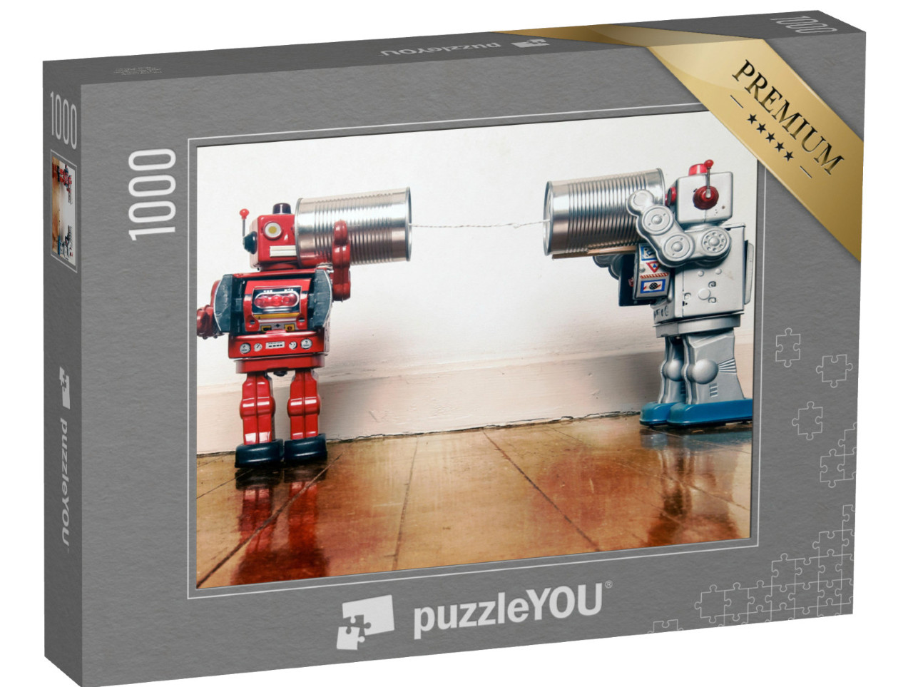 Puzzle 1000 Teile „Retro-Roboter im Gespräch am Dosentelefon“