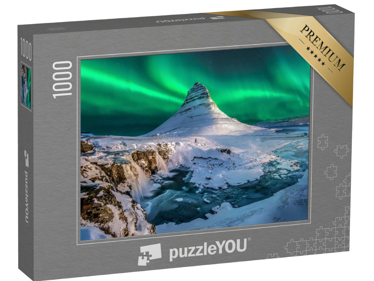Puzzle 1000 Teile „Nordlichter erscheinen über dem Berg Kirkjufell in Island“