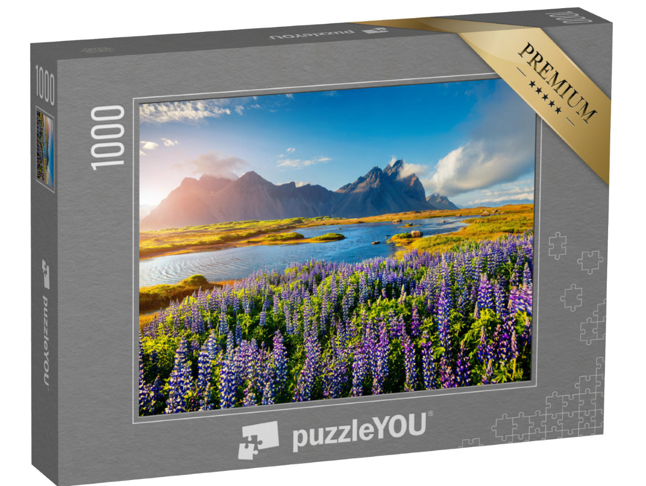 Puzzle 1000 Teile „Blühende Lupinenblüten an der Küste Islands“