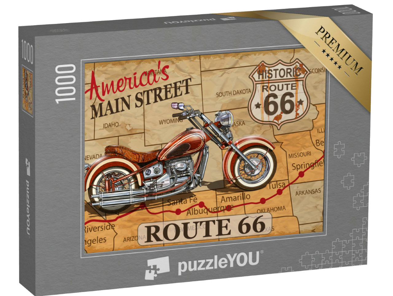 Puzzle 1000 Teile „Vintage Motorrad Poster: Route 66“