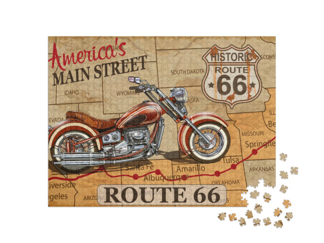Puzzle 1000 Teile „Vintage Motorrad Poster: Route 66“